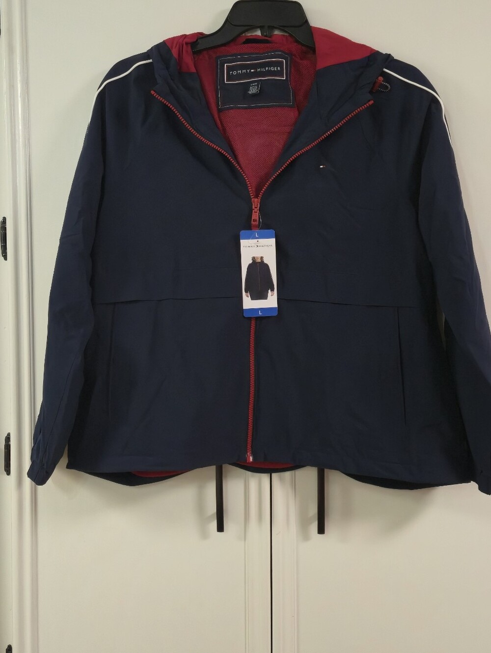 Tommy Hilfiger Navy Jacket with Red Hood & Zip Womens Large NWT